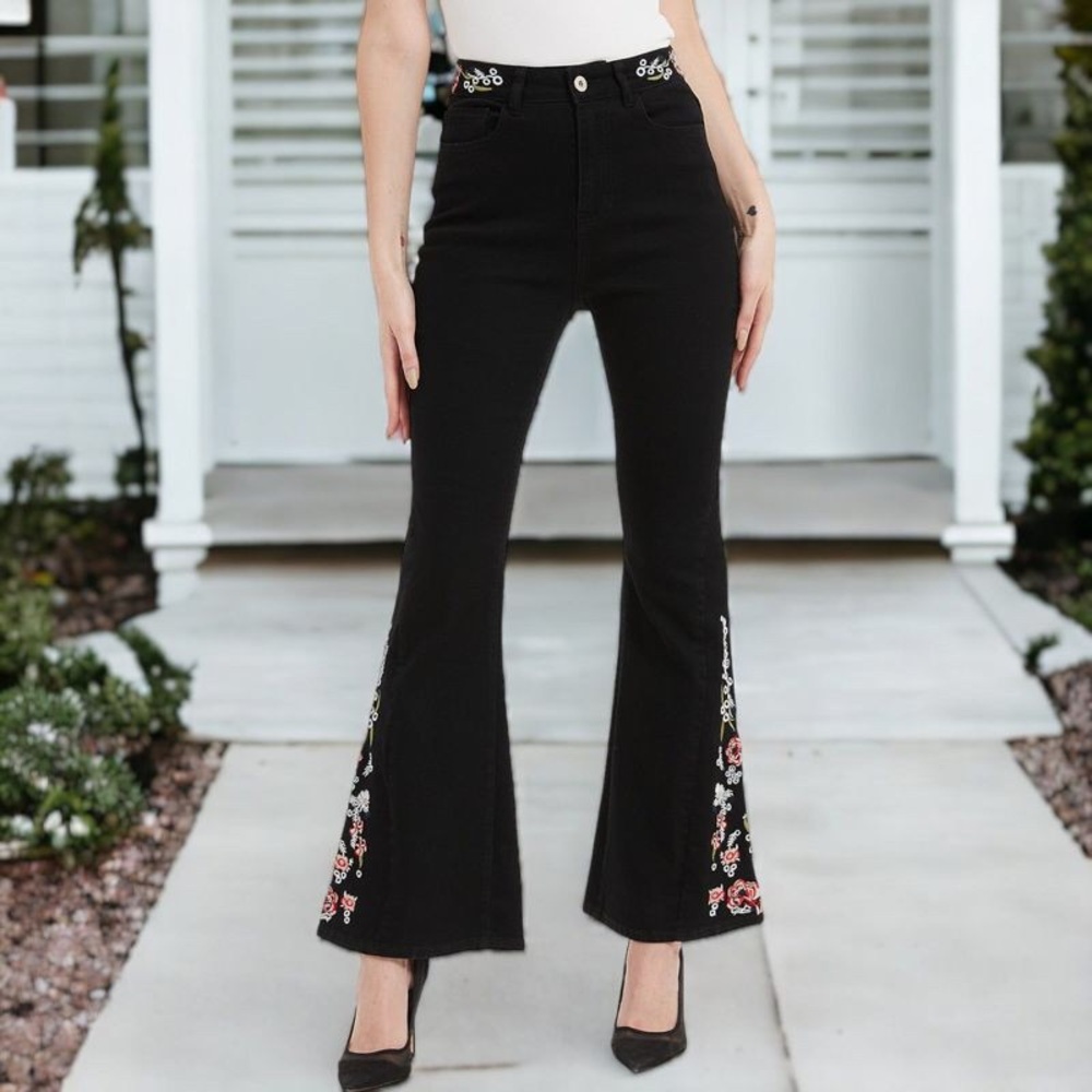 Black Floral-Panel High-Rise Flare Jeans